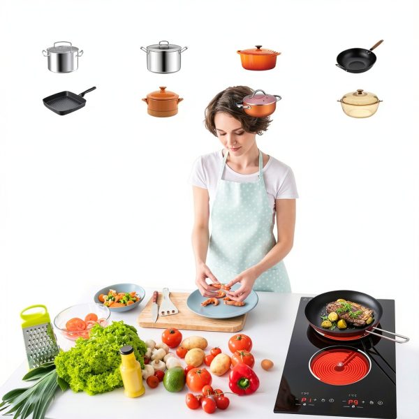 VBGK Electric Cooktop,12 Inch Built-in Radiant Electric Stove Top,110V 2100W 2 burner cooktop With 9 Heating Level, Timer & Kid Safety Lock, Sensor Touch Control 2 burner Induction Cooktop-3