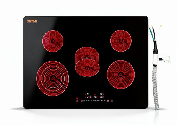 VEVOR Built in Electric Stove Top, 30 inch 5 Burners Ceramic Cooktop, 240V Glass Radiant Cooktop with Sensor Touch Control, Timer & Child Lock Included, 9 Power Levels for Simmer Steam Slow Cook Fry-0