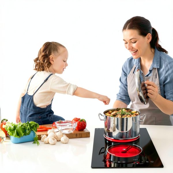 VBGK Electric Cooktop,12 Inch Built-in Radiant Electric Stove Top,110V 2100W 2 burner cooktop With 9 Heating Level, Timer & Kid Safety Lock, Sensor Touch Control 2 burner Induction Cooktop-5
